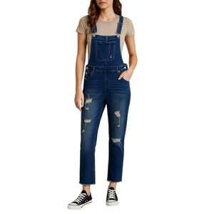 Women's‎ Distressed Denim Overalls Size L Blue Jean Bib Pants Adjustable Straps